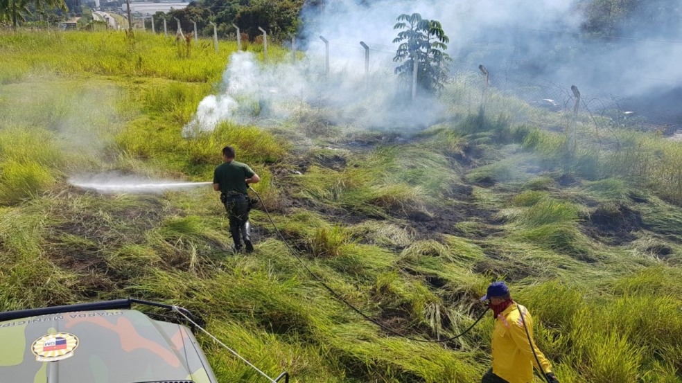Foto de agentes apagando fogo em área verde