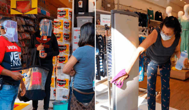 Comerciantes utilizando máscaras e limpando loja com álcool em gel