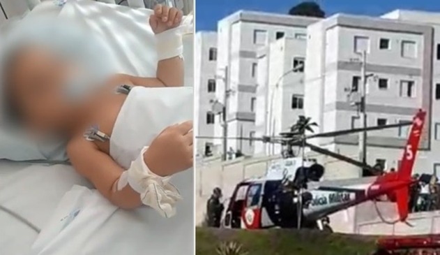 Criança hospitalizada, à esquerda; águia fazendo resgate, à direita