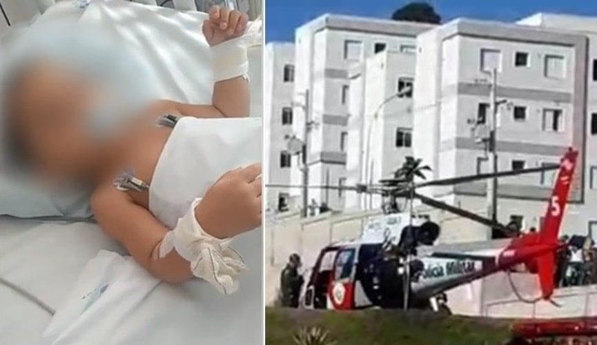 Criança hospitalizada, à esquerda; águia fazendo resgate, à direita
