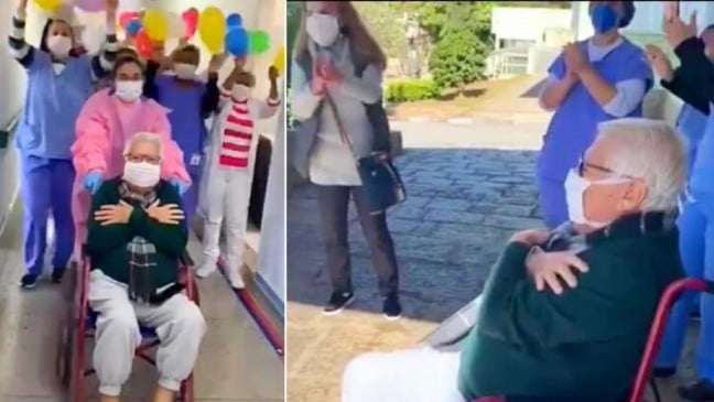 Foto de idoso deixando o hospital