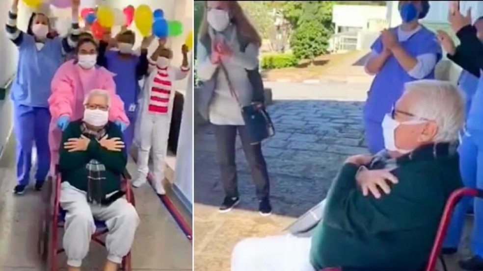 Foto de idoso deixando o hospital