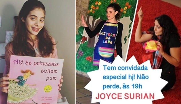 Foto de menina com livro, à esquerda; foto de menina e mulher contando história, à direita