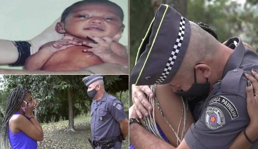 Foto de criança, policial com jovem