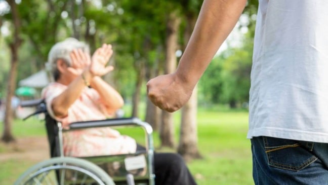 Imagem mostra uma idosa em cadeira de rodas sendo ameaçada por um homem com punho fechado em um parque, simbolizando violência contra idosos.