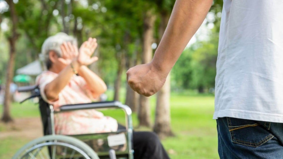 Imagem mostra uma idosa em cadeira de rodas sendo ameaçada por um homem com punho fechado em um parque, simbolizando violência contra idosos. Imagem mostra uma idosa em cadeira de rodas sendo ameaçada por um homem com punho fechado em um parque, simbolizando violência contra idosos.