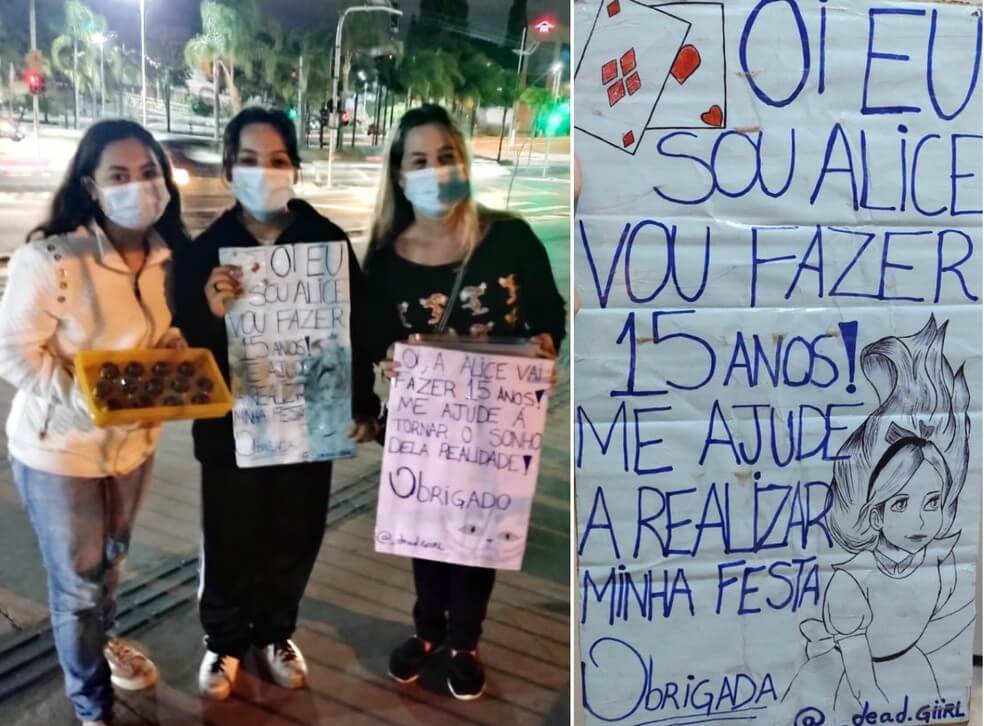 Três mulheres segurando cartazes para venda de brigadeiro Três mulheres segurando cartazes para venda de brigadeiro