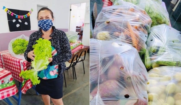 Mulher segurando pé de alface, à esquerda; legumes embalados, à direita