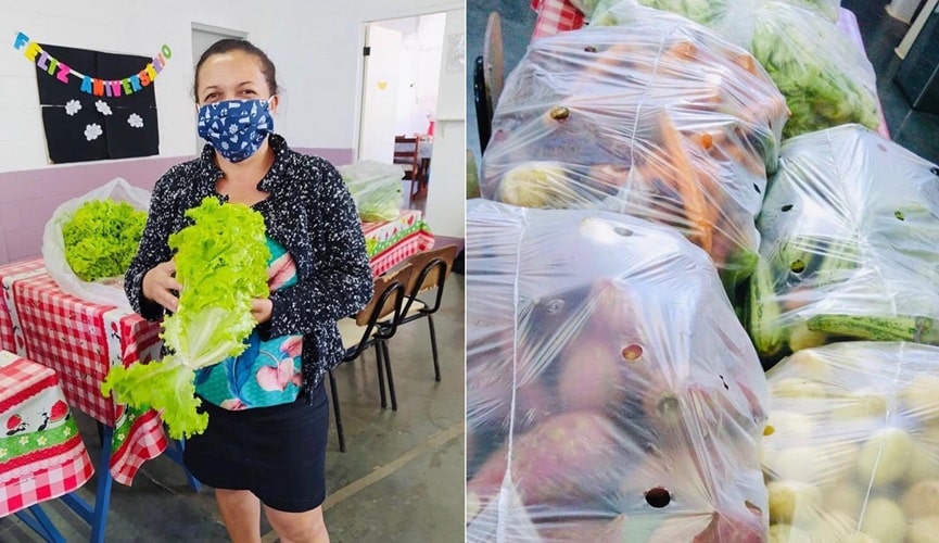 Mulher segurando pé de alface, à esquerda; legumes embalados, à direita