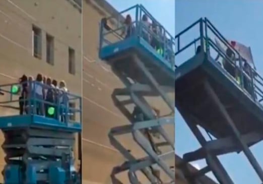 Amigas alugam guindaste. (Foto: Reprodução)