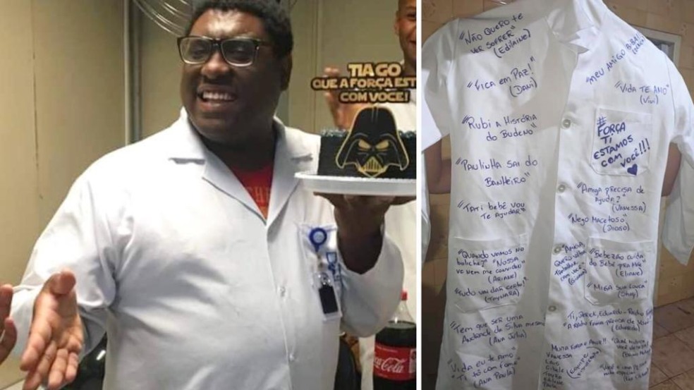 Tiago, durante confraternização no trabalho (à esq.); jaleco escrito por companheiros em sua homenagem (à dir.) Fotos: Reprodução redes sociais