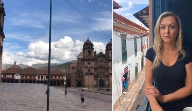 Foto de praça vazia, à esquerda; foto de ana, à direita.