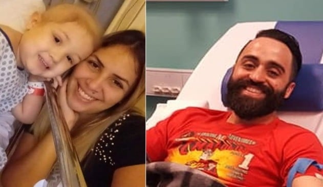 Foto de mulher com criança hospitalizada, à esquerda; foto de homem hospitalizado, à direita