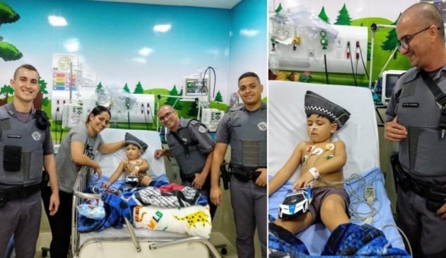 Amigos da PM visitam Arthur, 4 anos, internado no HU