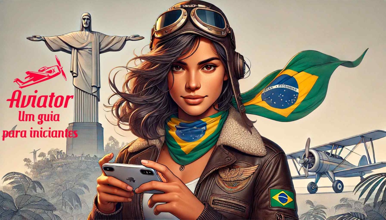 Mulher vestida como aviadora com bandeira do Brasil, Cristo Redentor ao fundo, promovendo guia Aviator para iniciantes.
