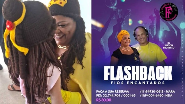 À esquerda, mara entregando touca à criança; à direita flyer do baile do Flashback