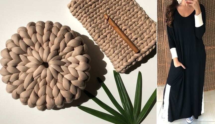 Foto de artesanato, à esquerda; foto de vestido, à direito