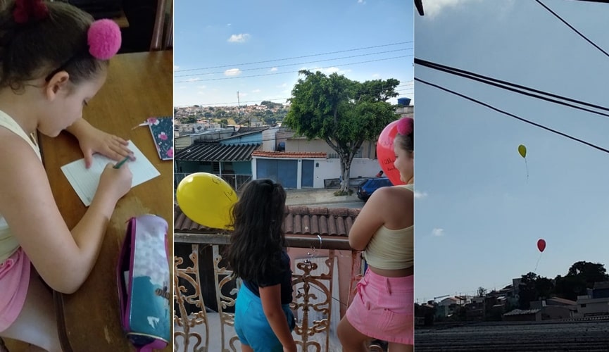 Crianças soltam bexigas com mensagens de carinho no Jardim do Lago Crianças soltam bexigas com mensagens de carinho no Jardim do Lago