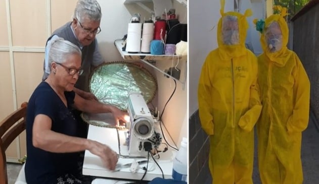 Foto de casal de idosos costurando, à esquerda; foto do mesmo casal com roupa de proteção à Covid-19