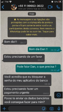 Mensagem da conta falsa pedindo dinheiro em nome da candidata Daniela do PT