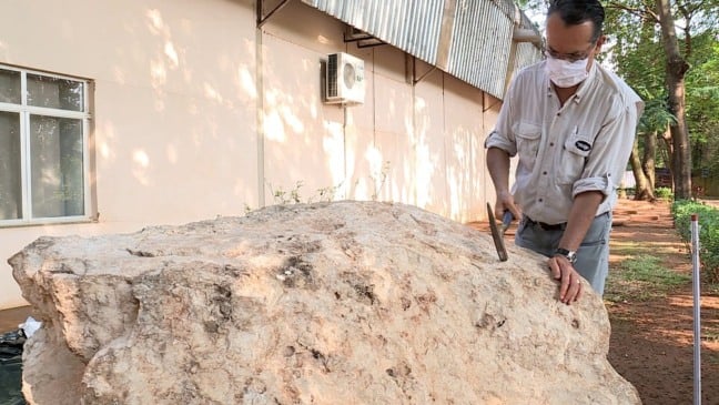 Professor e geólogo Luiz Carlos Borges Ribeiro com o bloco contendo fósseis de dinossauros em Uberaba.
