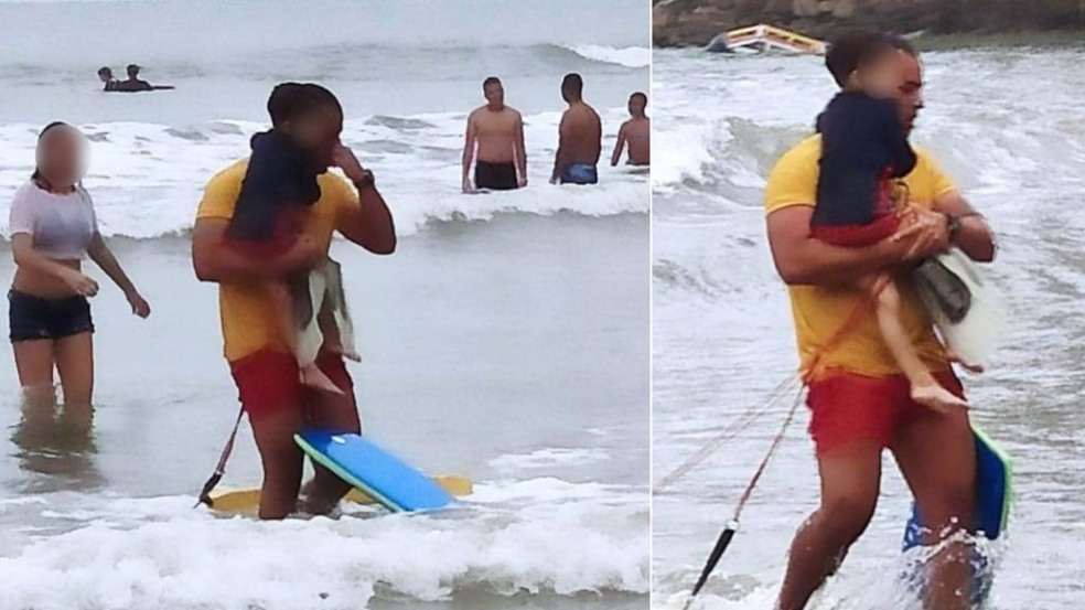 Bombeiro tirando criança de Jundiaí do mar do Guarujá