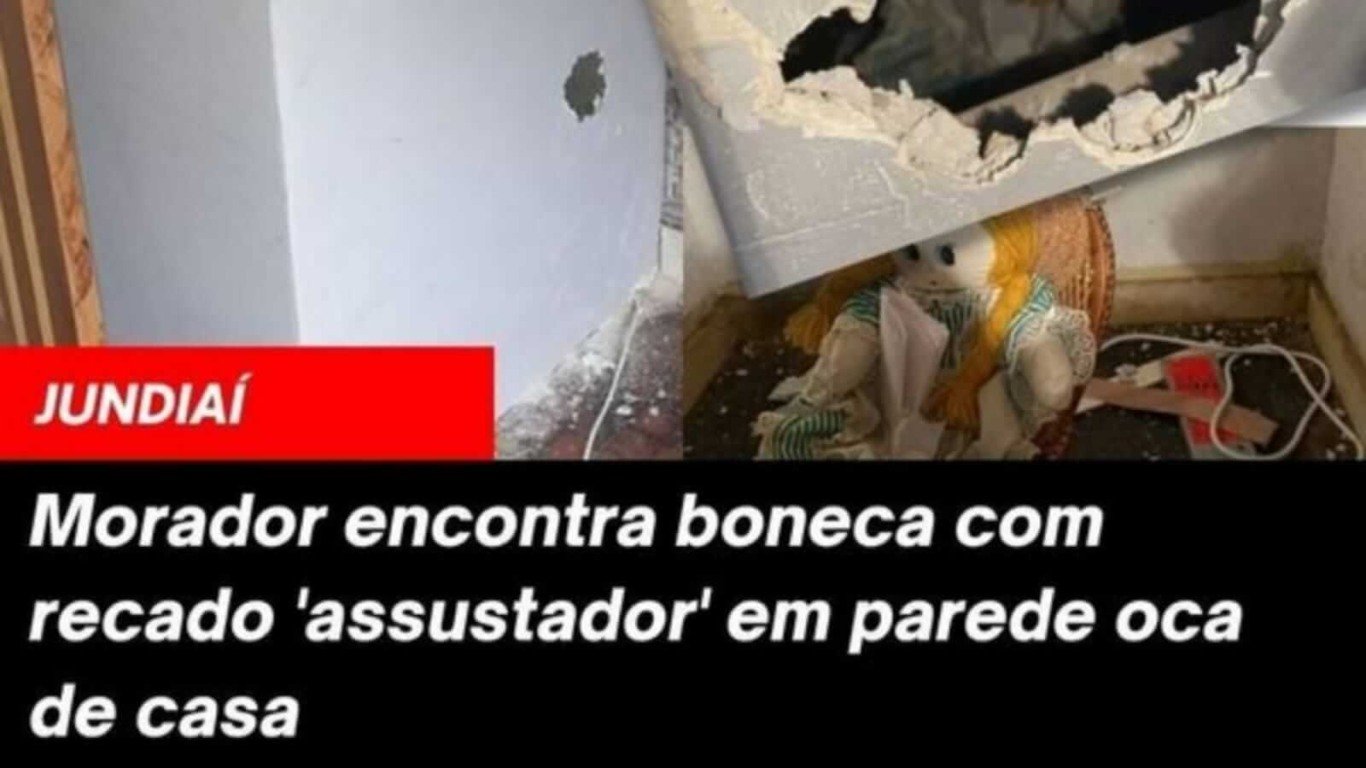 Manchete de post sobre boneca dentro de parede em Jundiaí