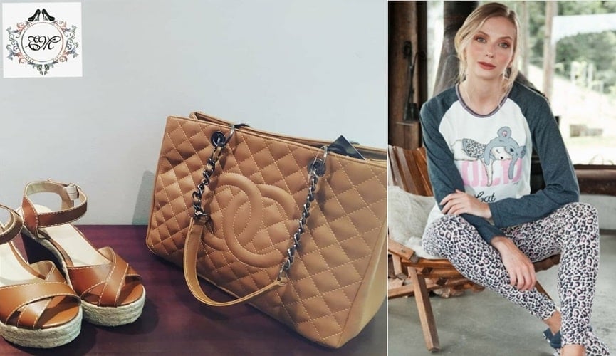 Foto de calçado e bolsa, à esquerda; foto de mulher de pijama, à direita