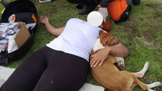 mulher sendo atendida pelo corpo de bombeiros