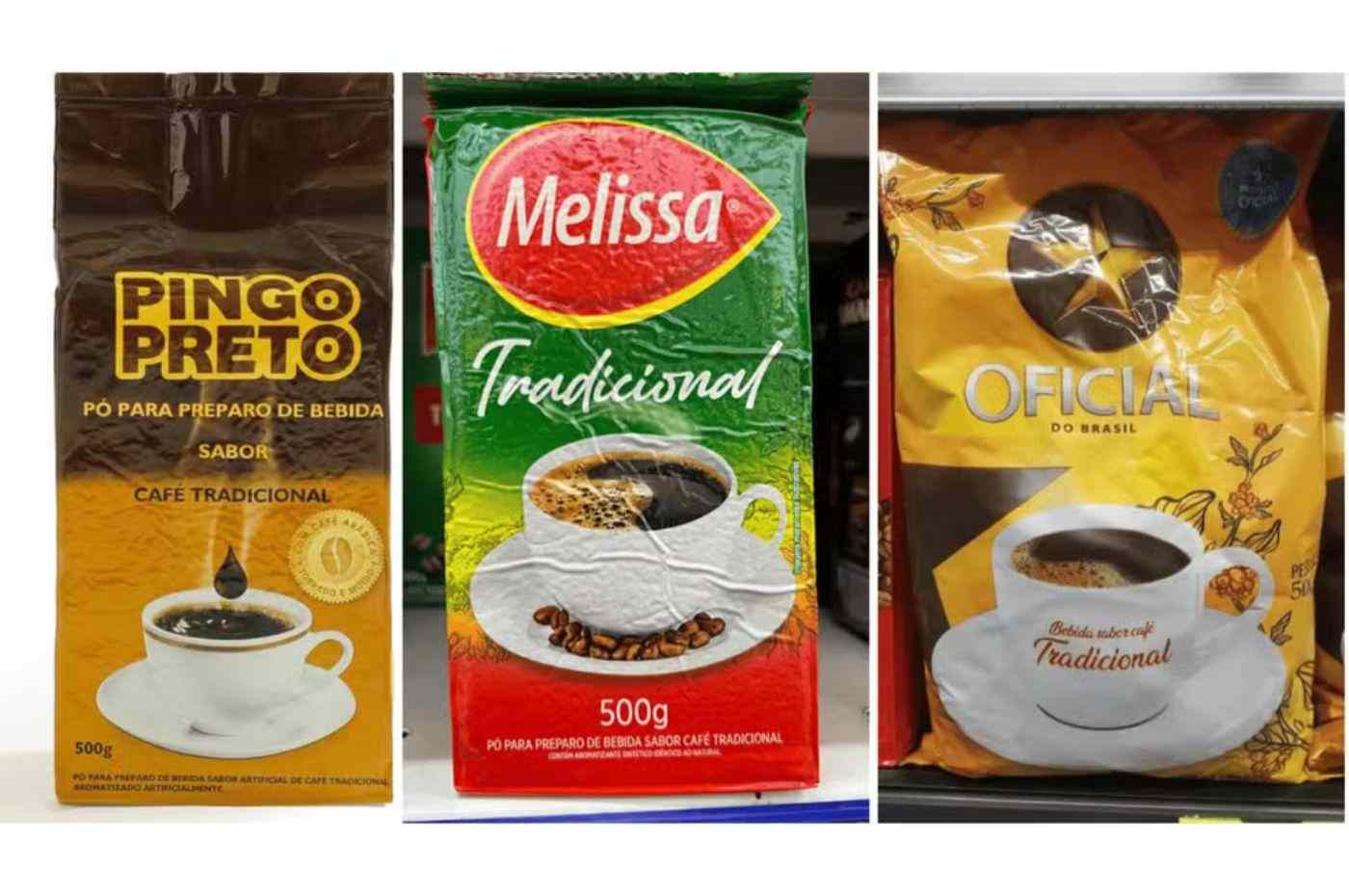 Pacotes de café fake das marcas Melissa, Pingo Preto e Oficial, proibidos por serem impróprios para consumo.