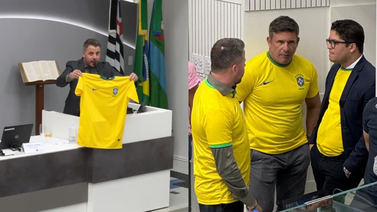 Vereadores de Jundiaí vestindo a camisa da seleção brasileira