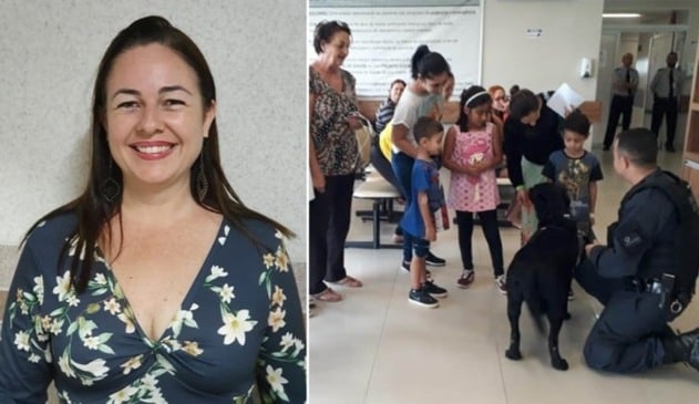 Foto de mulher de cabelos longos, à esquerda; foto de guarda com cachorro e crianças, à direita