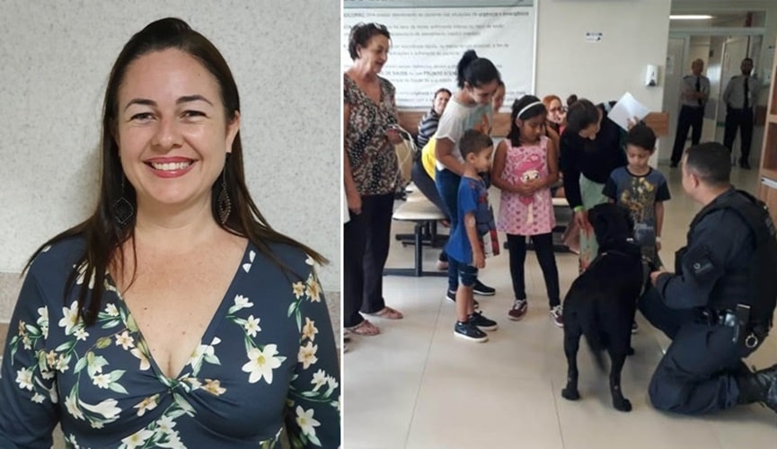 Foto de mulher de cabelos longos, à esquerda; foto de guarda com cachorro e crianças, à direita Foto de mulher de cabelos longos, à esquerda; foto de guarda com cachorro e crianças, à direita