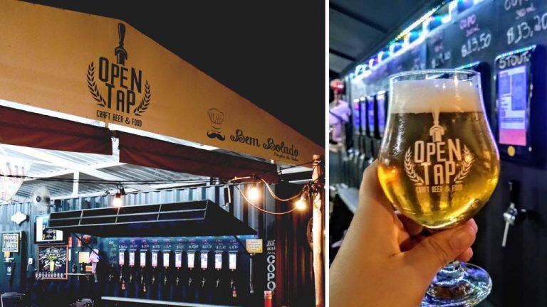 Montagem com a fachada da Open Tap e um copo de cerveja gelado