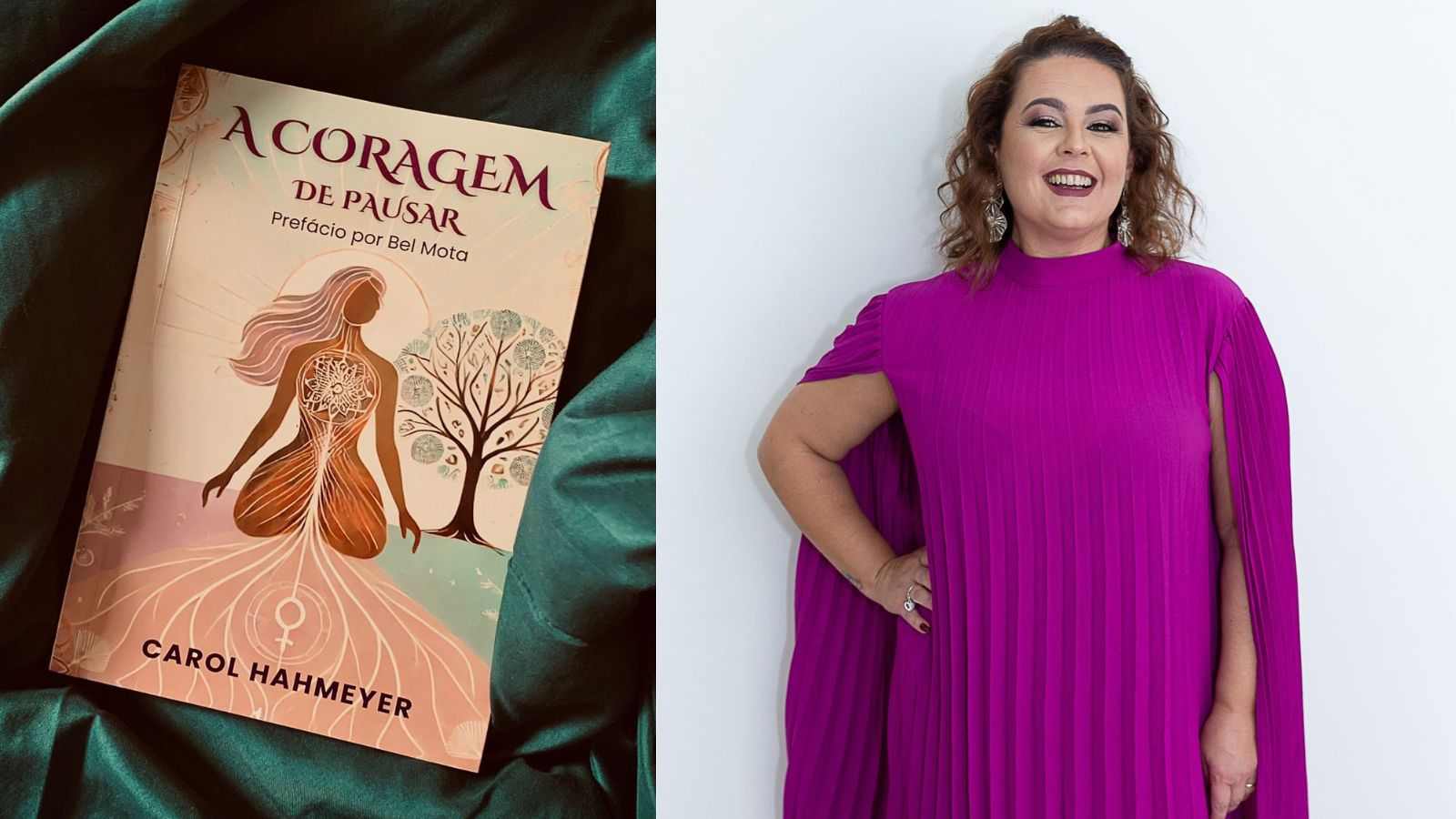 Livro à esquerda; à direita, Carol Hahmeyer.