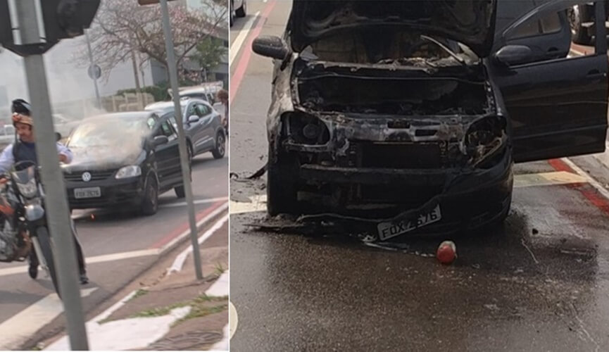 Carro pega fogo na Avenida dos Ferroviários, em Jundiaí