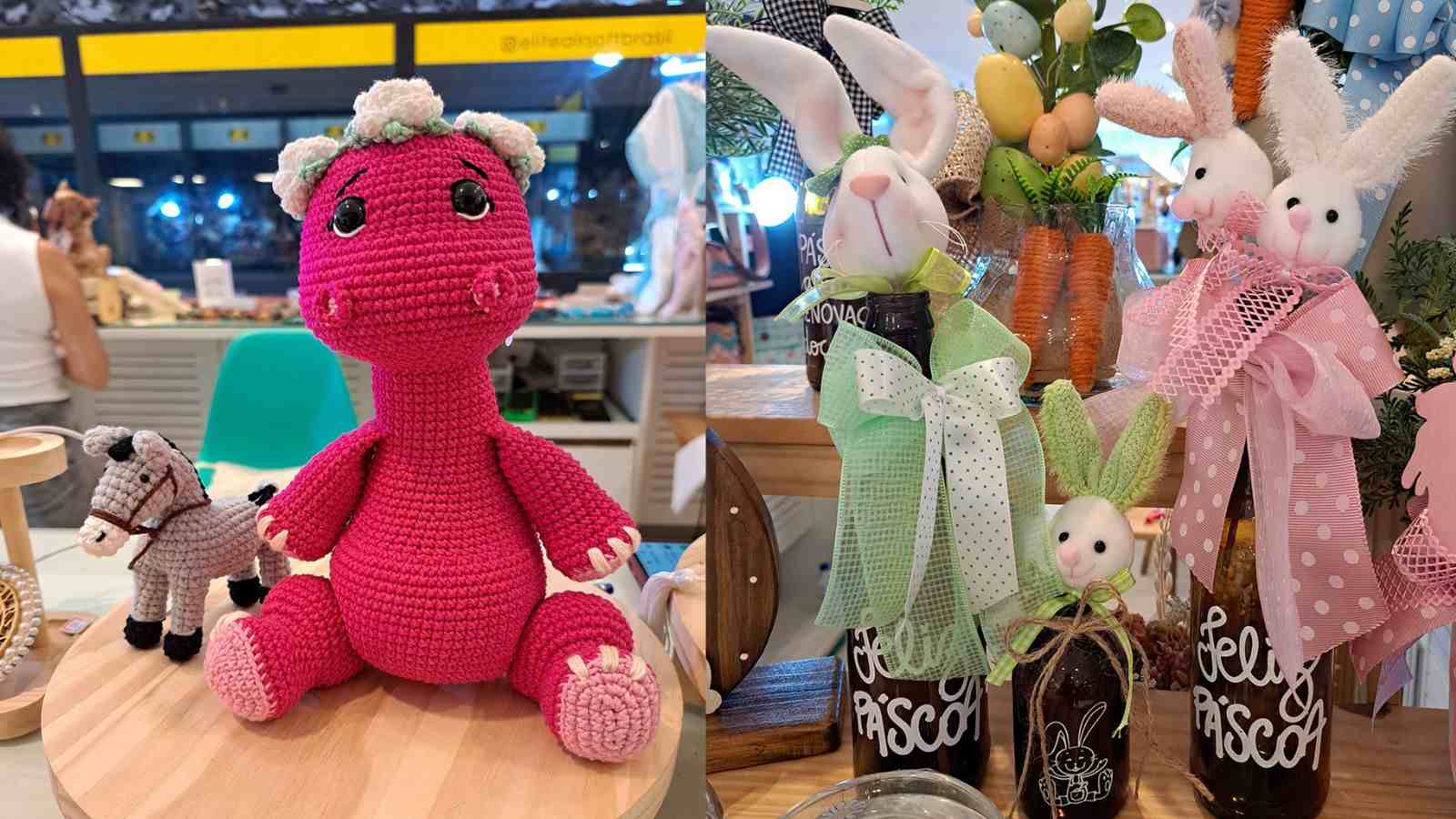 À esquerda, dinossauro em crochê; à direita, artesanatos de Páscoa.