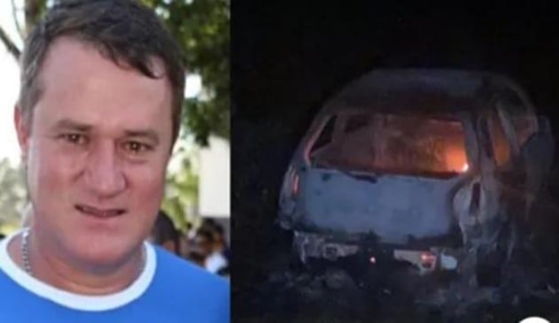Foto de homem, à esquerda; foto de carro queimado, à direita