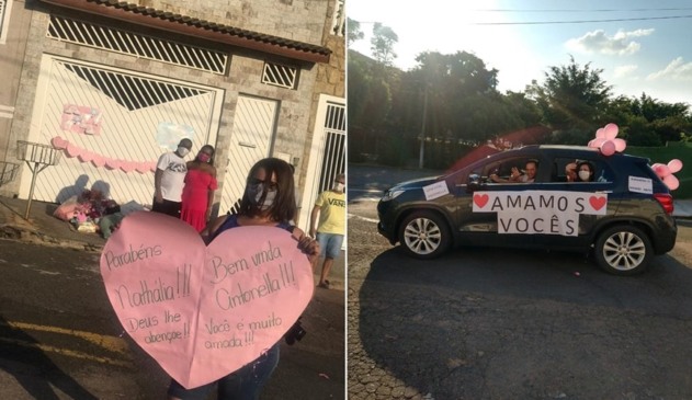 Foto de casal na frente de portão, à esquerda; foto de carro, à direita