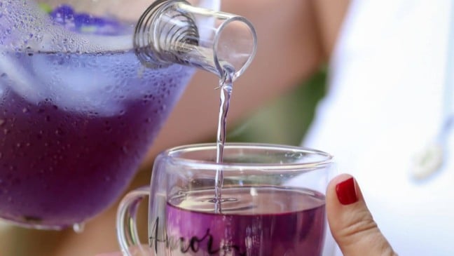 Pessoa colocando chá roxo em xícara de vidro