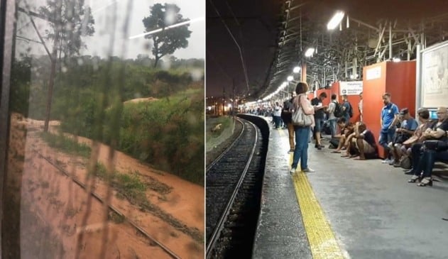 Trilhos alagados, à esquerda; estação lotada, à direita