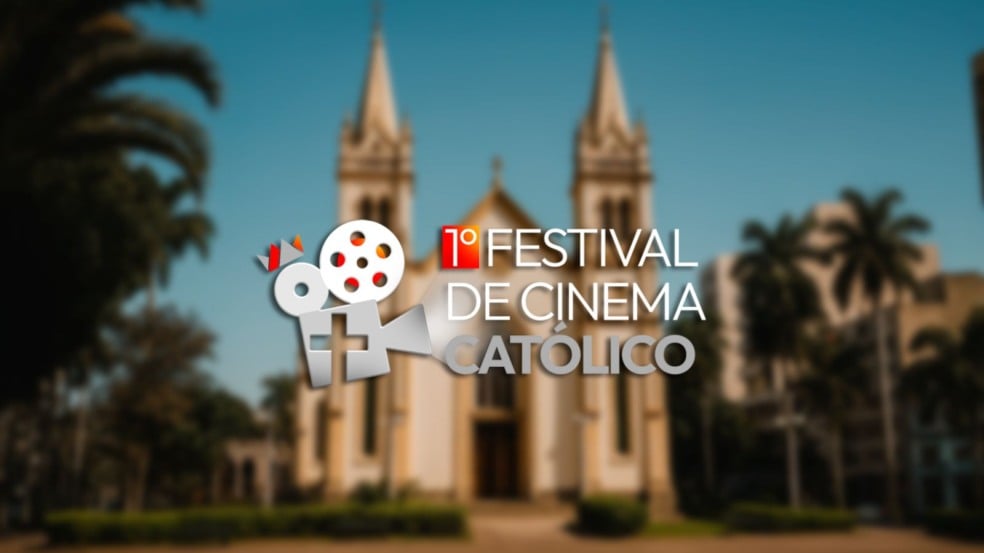 Logotipo do 1º Festival de Cinema Católico sobre imagem da Igreja São Camilo de Léllis em Jundiaí.