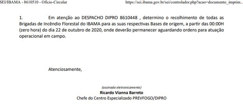 Trecho de circular que determina o recolhimento de brigadas de incêndio florestal do Ibama.