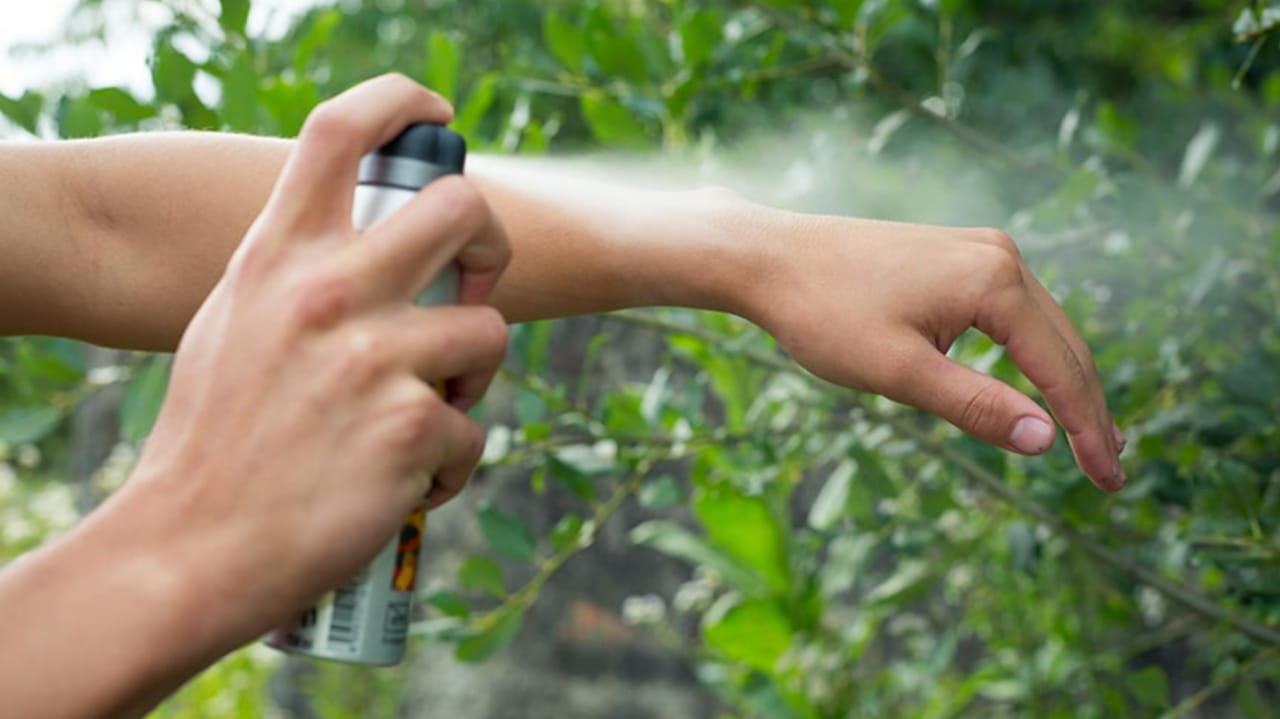 Pessoa passando repelente de insetos no braço.