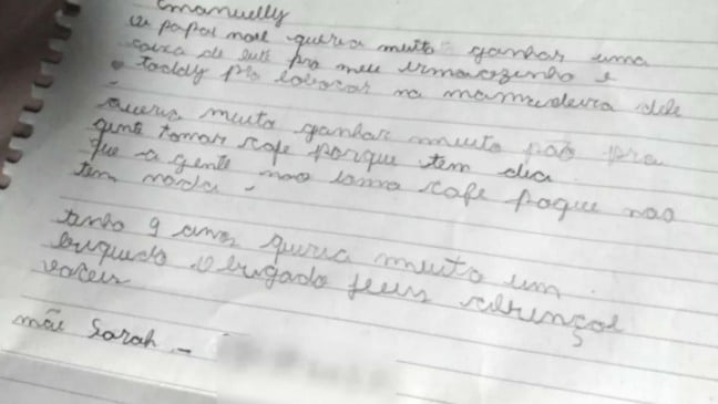 Carta escrita por criança pedindo leite para o Papai Noel