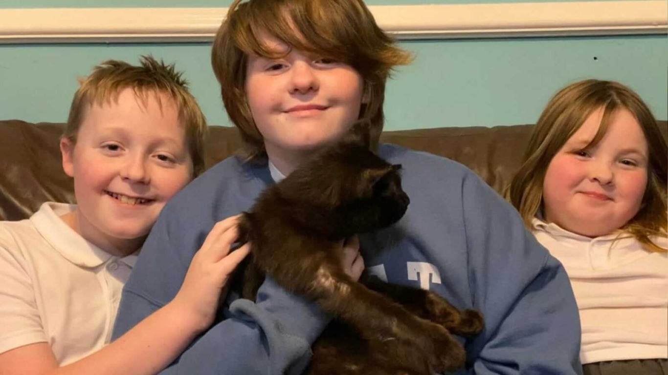 Crianças com gato preto em sofá