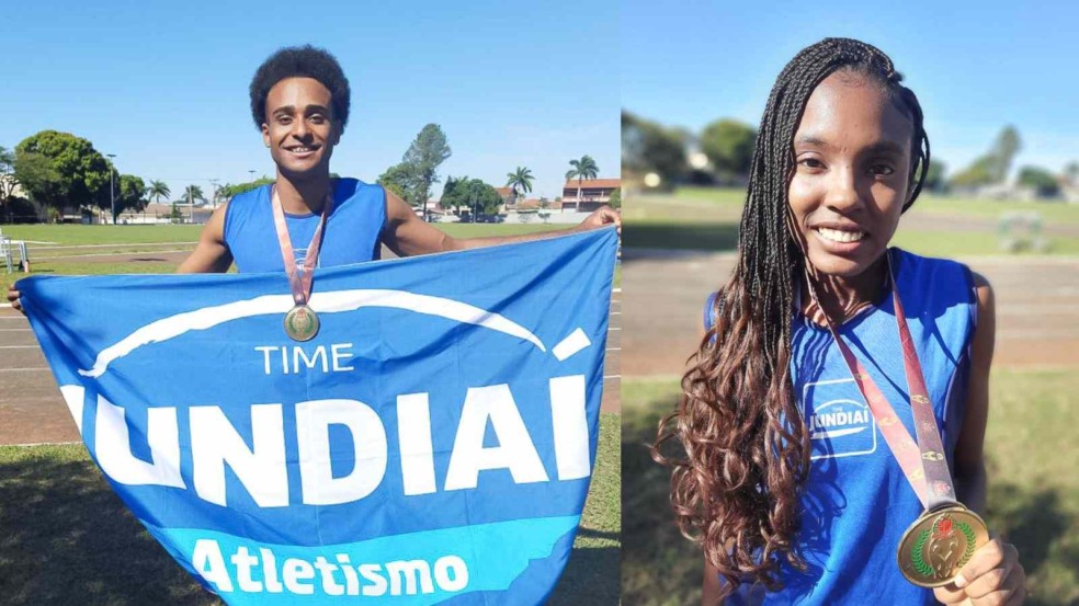 Atletas do Time Jundiaí. À esquerda, rapaz com medalha; à direita, menina com medalha. Atletas do Time Jundiaí. À esquerda, rapaz com medalha; à direita, menina com medalha.
