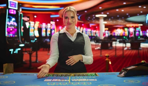 Dealer de cassino ao vivo sorrindo em uma mesa de jogo com cartas e fichas, cercada por máquinas caça-níqueis em um ambiente vibrante.