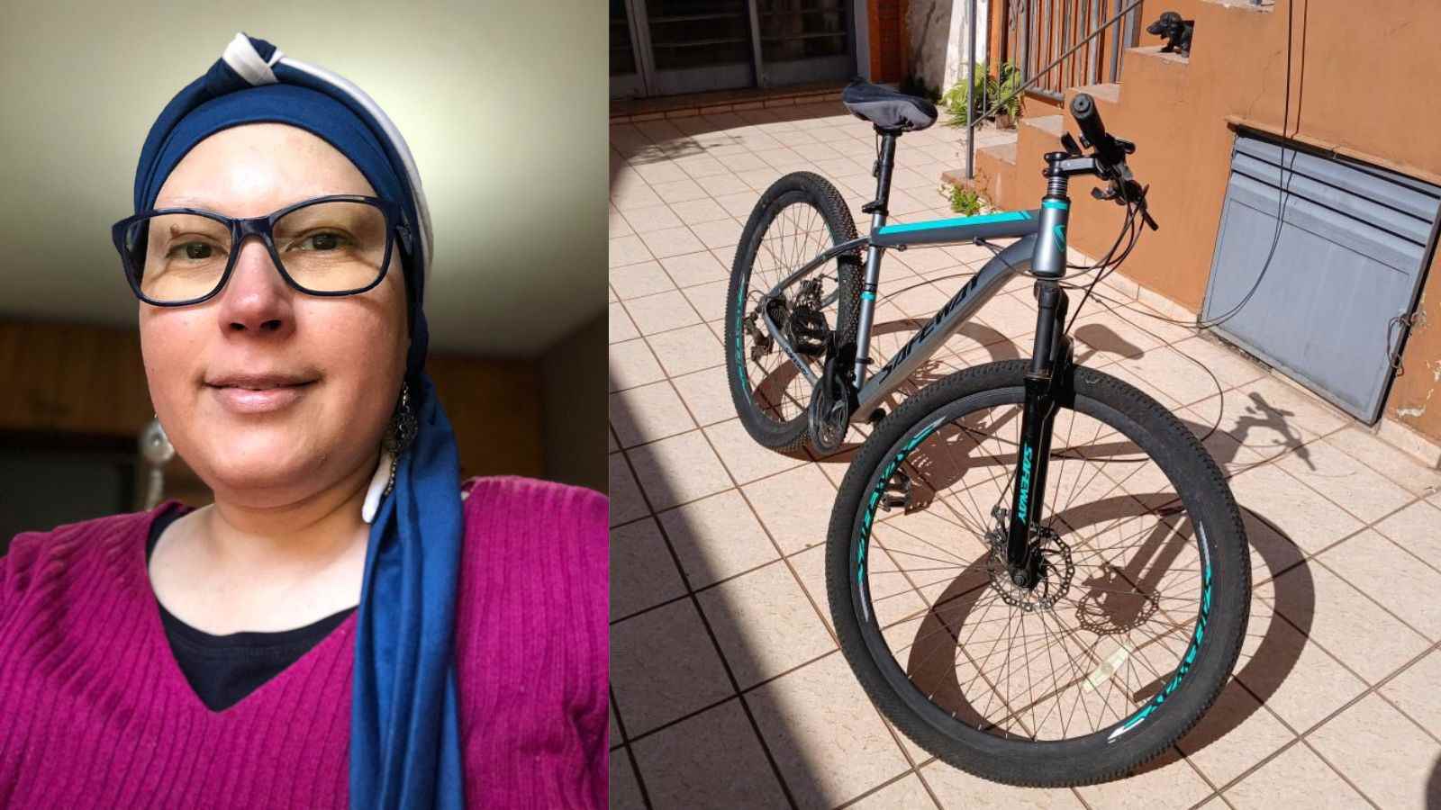 Debora à esquerda; à direita bicicleta.