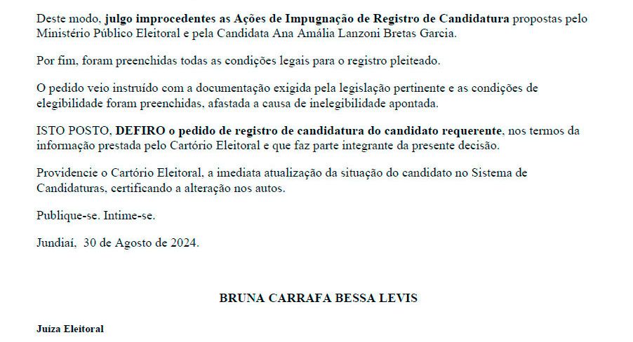 Decisão da Justiça Eleitoral de Jundiaí confirma candidatura de Gustavo Martinelli, rejeitando impugnação. Data: 30 de agosto de 2024.